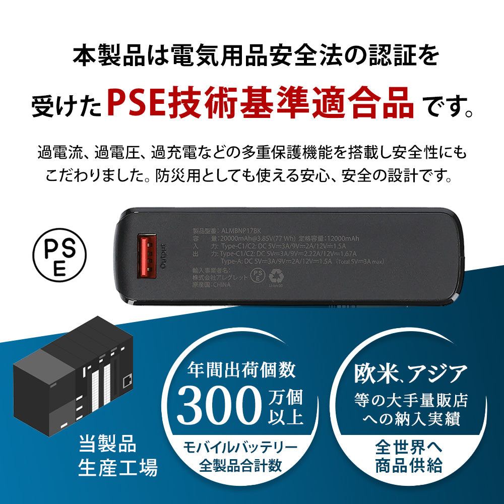 ALMBNP17BK モバイルバッテリー 急速充電 大容量 薄型 PSE認証 [5V/20000mAh/ブラック][JAN 4571562663218]