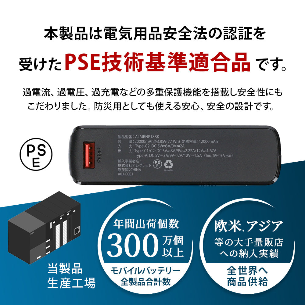 Allegretto（アレグレット）ALMBNP18BK モバイルバッテリー PD20W 急速充電 大容量 薄型 PSE認証 [5V/20000mAh/ブラック][JAN 4571562663300]