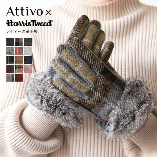 Attivo® (アッティーヴォ) ×Harris Tweed(ハリスツイード)ラビットファー手袋 レディース [全14色] [ATHT06]